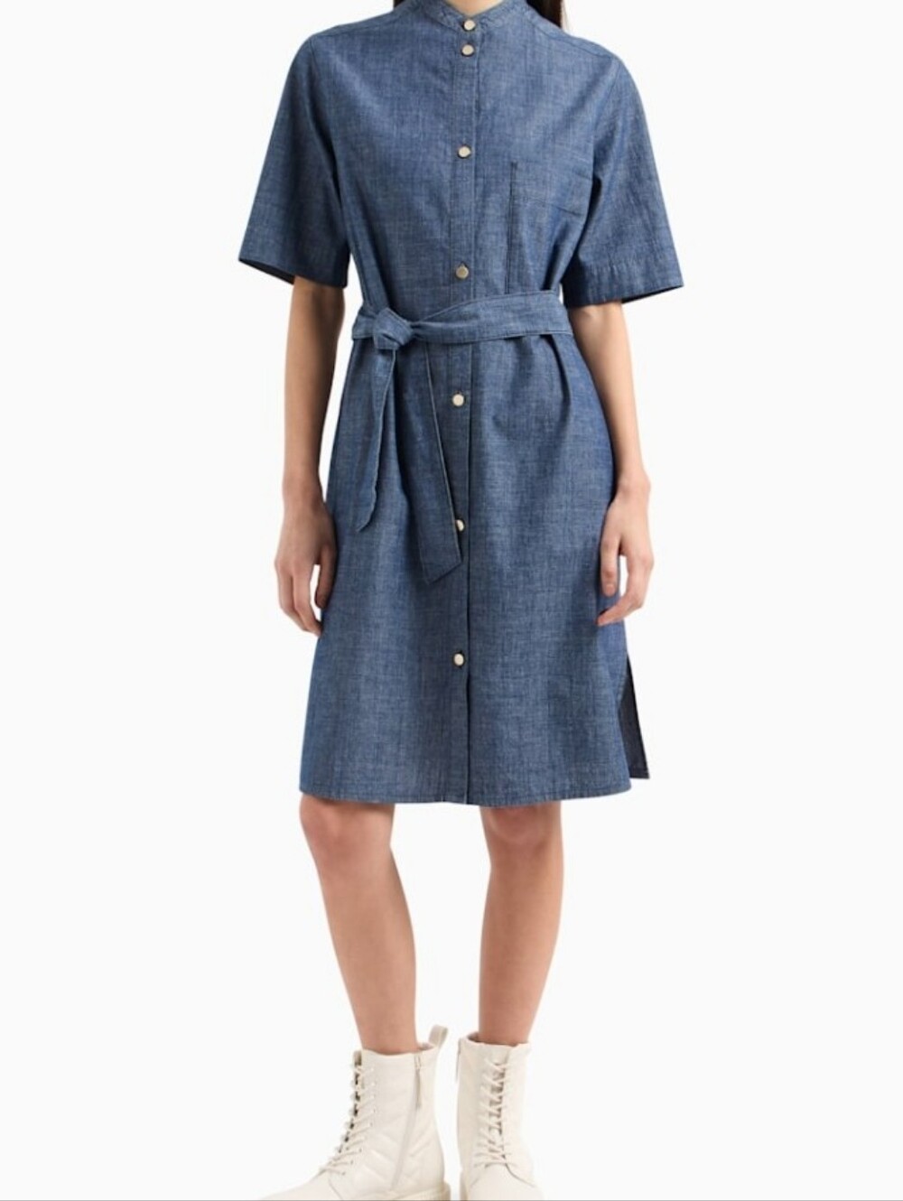Classic Chambray Button-Front Belted Shirt Dress - Blue